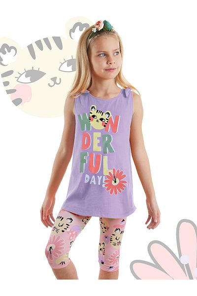 Denokids Sleeveless Summer Tunic and Leggings Set for Girl - Floral Pattern with Cat