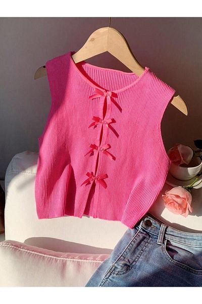 trendgar Women's Pink Ribbon Detailed Knitwear Vest