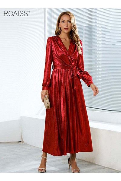 ROAISS Women's V Neck Dinner Dress Long Sleeve Ankle Length Cocktail Dress Waist Belt Tightening Dress