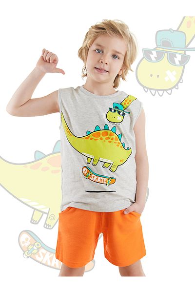 Denokids Boy's Dino Printed Summer Sleeveless T-shirt and Shorts Set