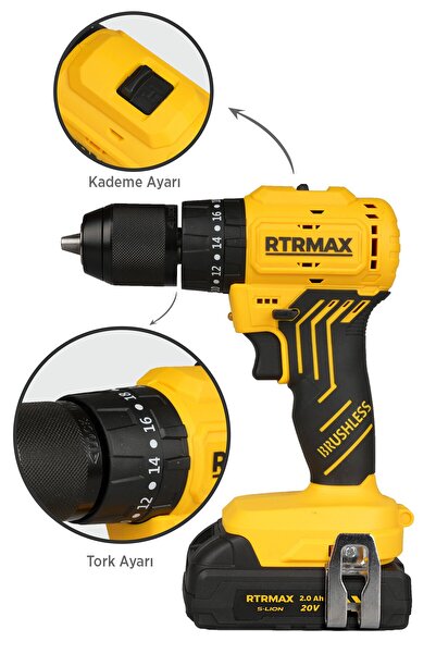 Rtrmax Rts5012 Şarjlı Darbeli Matkap Kömürsüz 54 Nm 2x2 Ah 20v Çift Akü S-lion - Akü Dahil