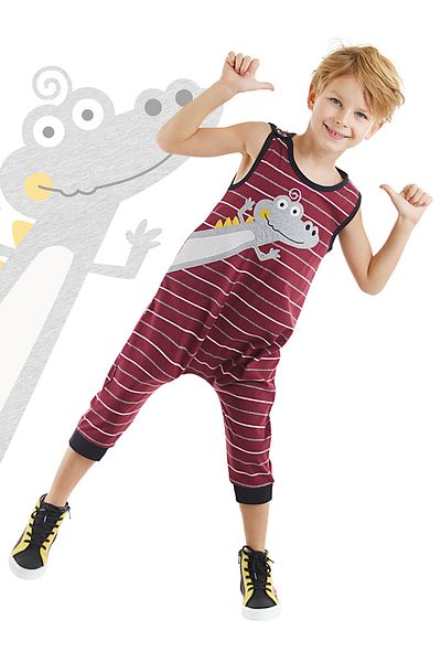 Denokids Funny Crocodile Boy's Cotton Claret Red Jumpsuit