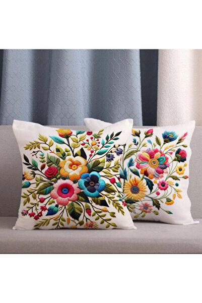 Alkan Homes مجموعة من 2 غطاء وسادة مطبوع رقميًا على شكل زهرة ملونة ومطرزة