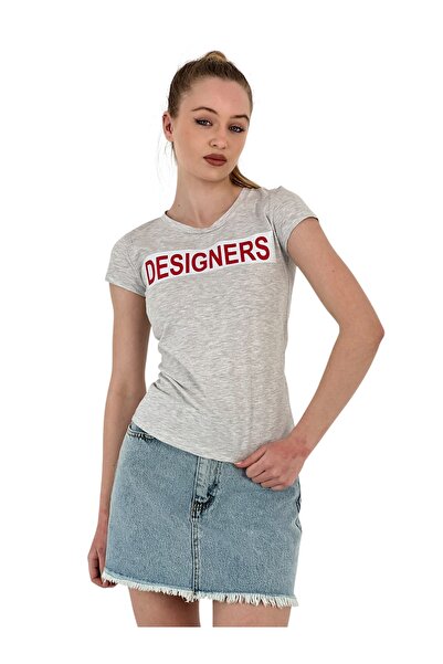 Miss Poem Women's Summer Text Print Short Sleeve Tight Gray T-Shirt