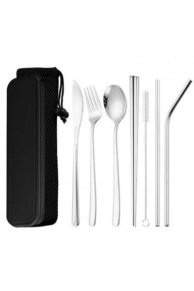 INNOVIO Set tacamuri si paie din inox pentru birou INNOVIO, calatorii, camping, 7 piese si cutie depozitare