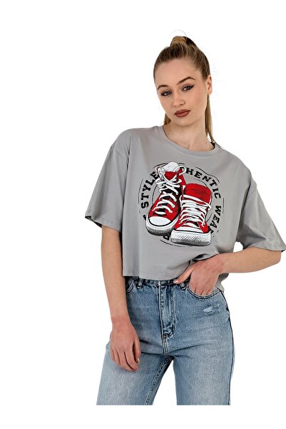 Miss Poem Women's Oversize Printed Short Sleeve Gray Crop T-Shirt