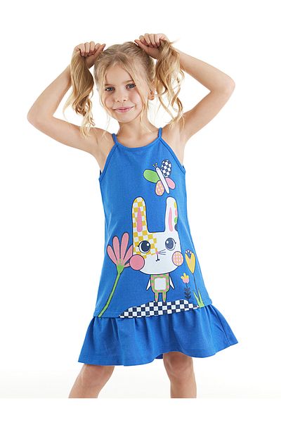 Denokids Καλοκαιρινό φόρεμα για κορίτσι με μπλε λουράκι - μοτίβο κουνελιού