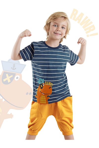 Denokids Boy's Summer Suit - Striped Sailor Dino T-shirt and Capri Shorts