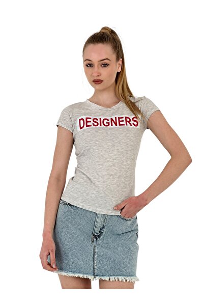 Miss Poem Women's Summer Text Print Short Sleeve Tight Gray T-Shirt