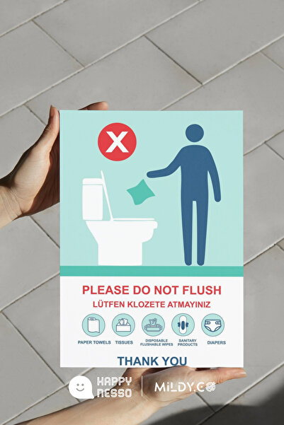 Happynesso "LÜTFEN KLOZETE ATMAYINIZ" Uyarı Levhası MAVİ Renkli – 15x20 cm Fo...