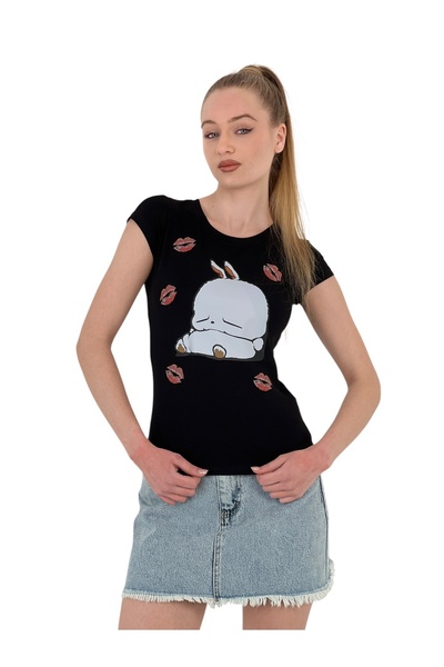 Miss Poem Γυναικείο κοντομάνικο μπλουζάκι Rabbit με τύπωμα στενό μαύρο μπλουζάκι