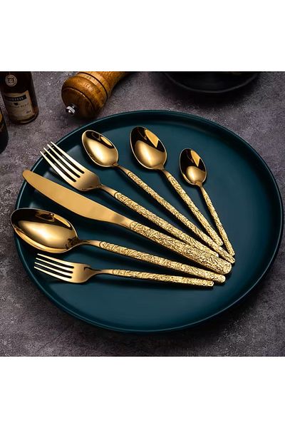 INNOVIO Premium Cutlery Set, 18/10 304 Stainless Steel, 24 Pieces, Elegant Stone Texture Handle, Gold