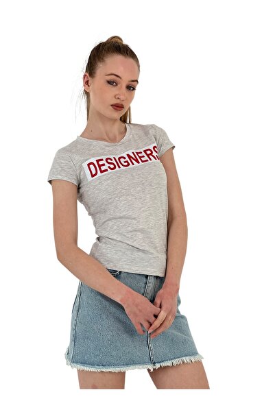 Miss Poem Women's Summer Text Print Short Sleeve Tight Gray T-Shirt