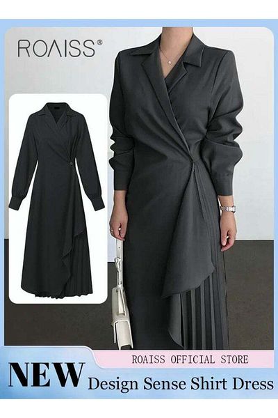 ROAISS Ladies Tunic Dress Solid Color Formal Elegant Asymmetrical Pleated Design High Waist Dress