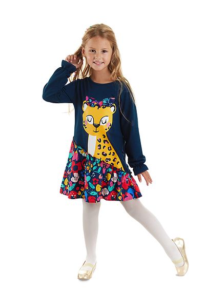 MSHB&G Marineblaues Mädchenkleid - Blumen, Leopardenmuster und Rüschen