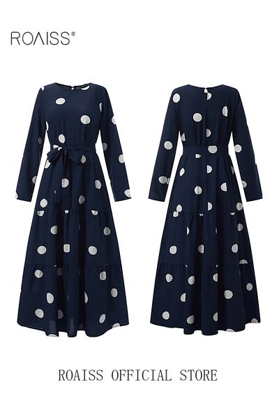 ROAISS Women Spring Muslim Dress Elegant Casual Loose Abaya Long Sleeved Polka Dots Printed Maxi Robe