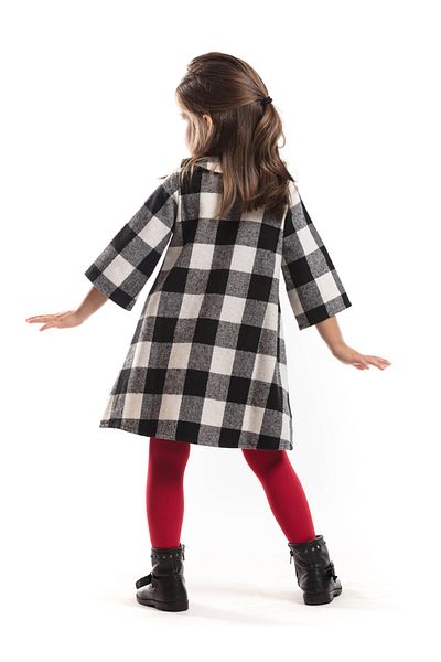 Denokids Pompom Girl - Μαύρο και άσπρο καρό, μακρυμάνικο χειμερινό φόρεμα