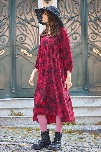 Los banditos Red Patterned V-Neck Bohemian Loose Dress with Elastic Sleeve Tips