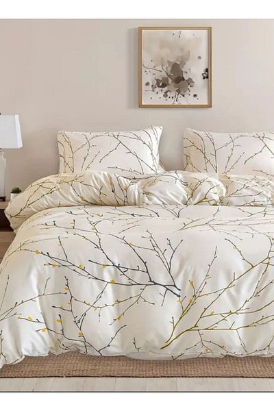LUNA HOME طقم غطاء لحاف مطبوع عليه أغصان، 6 قطع، مقاس كينج، لون بيج، 220×240 سم.