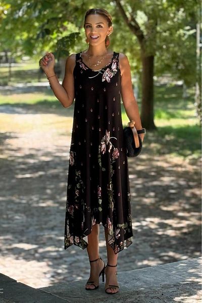 Nevin Kaya Moda Rochie din bumbac cu curea cu cataramă cu model trandafir negru