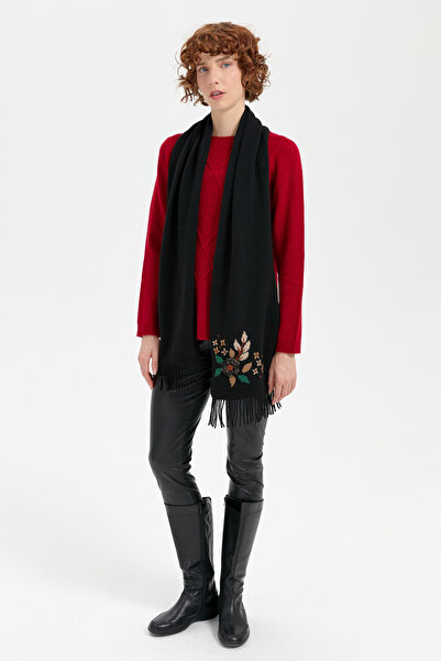 Desen Triko Black Daisy Embroidered Tasseled Wool Camisole