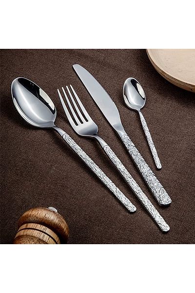 INNOVIO Set tacamuri premium din inox 18/10 304, 24 piese, Maner elegant textura piatra, Argintiu