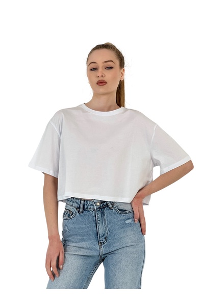 Miss Poem Γυναικείο μπλουζάκι oversized Basic με κοντό μανίκι λευκό Crop