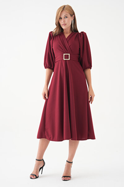 WOMAN VISION Kadın Esnek Krep Kumaş Kısa Balon Kol V Yaka Kemerli Midi Boy Kloş Kesim Bordo Elbise 3602