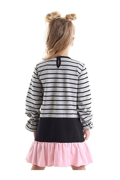 Denokids Κοριτσίστικο Γκρι Χειμερινό Φόρεμα - Μαύρη Γάτα Ριγέ