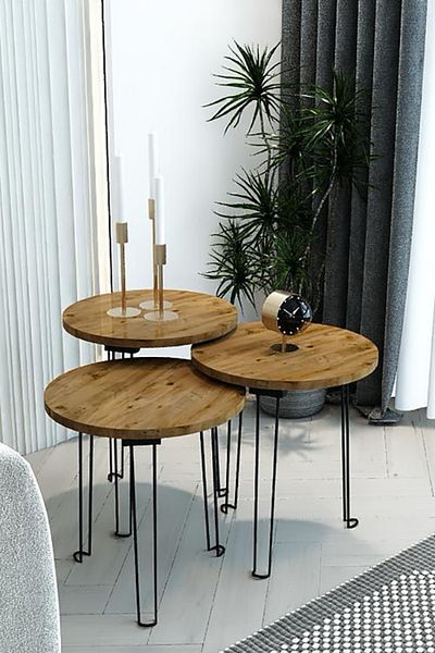 TrentonGCC 3-piece Round Nesting Table Set – Wood Top & Metal Legs – Modern Rustic Living Room Decor