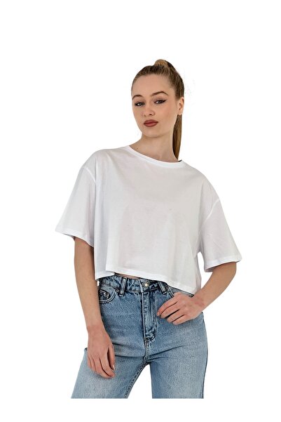 Miss Poem Γυναικείο μπλουζάκι oversized Basic με κοντό μανίκι λευκό Crop