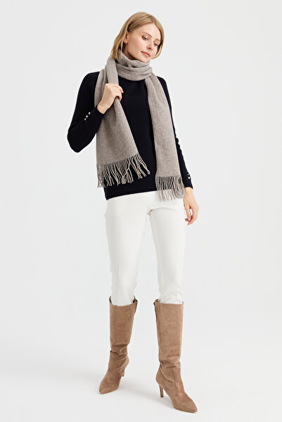 Desen Triko Women's Knitwear Single Color Tasseled Wool Scarf Mink