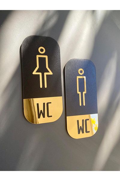 Yönline Wc Sign Set Gold Mirror 9X20 cm |   Women's & Men's Stylish Plexiglass Design on Black Mdf