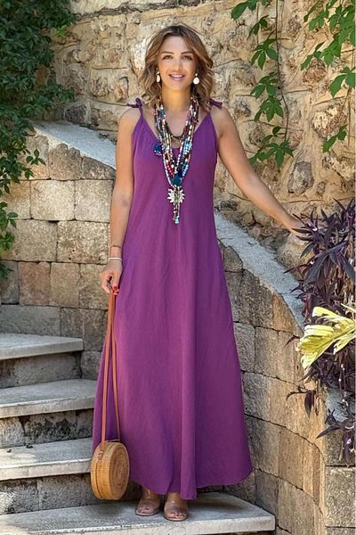 Nevin Kaya Moda Rochie din muselină cu bretele de culoare violet 100% bumbac