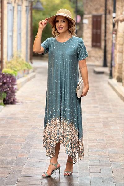 Nevin Kaya Moda Fuste Petrol Rochie cu croială înclinată cu model leopard