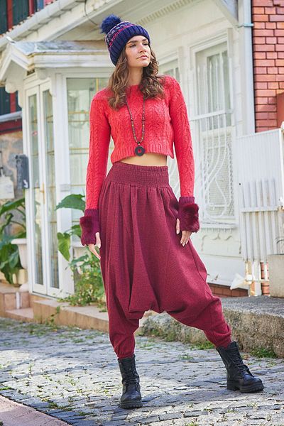 Los banditos Gipe Waist Detailed Winter Burgundy Diagonal Women's Baggy Trousers