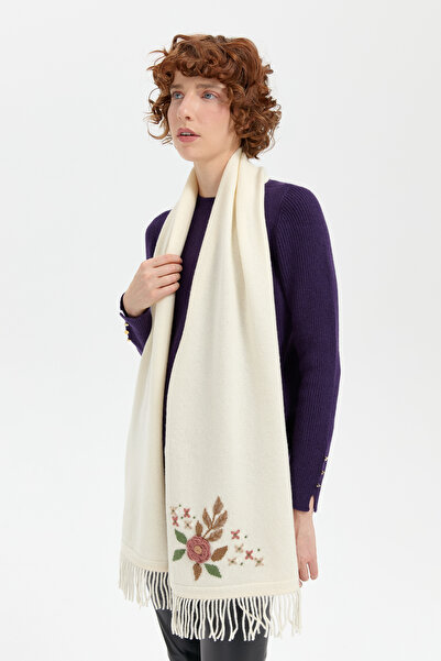 Desen Triko Daisy Embroidered Tasseled Women's Wool Camisole Bone