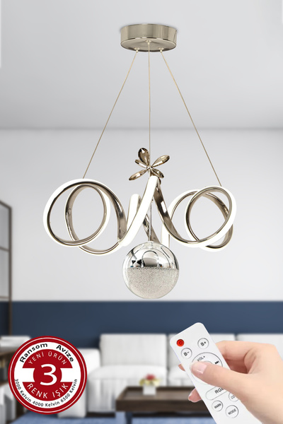 RANSOM 3 Renk Toplu Kumandalı Krom Gümüş Dimmerli Led Avize Kıvrım Ledli Avize