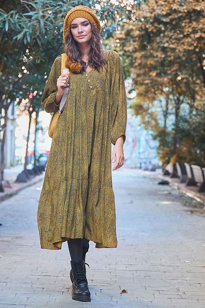 Los banditos V-Neck Sleeve Tip Elastic Bohemian Loose Mustard Patterned Dress