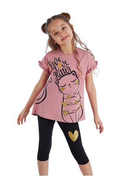 MSHB&G Love Cat Frilly Pink and Black Girl's T-shirt and Leggings Set