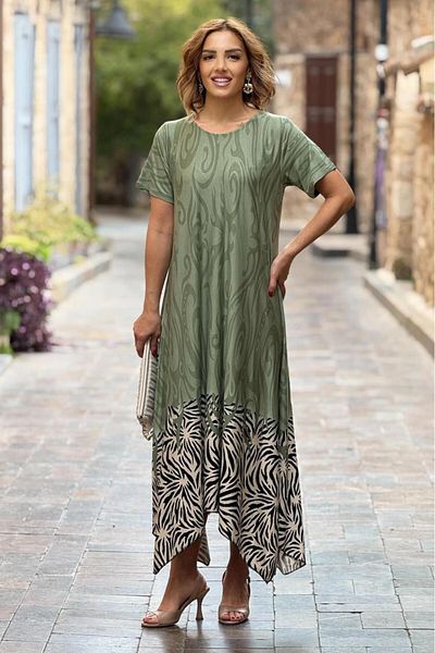 Nevin Kaya Moda Φόρεμα Water Green Safari με μοτίβο Bias Cut