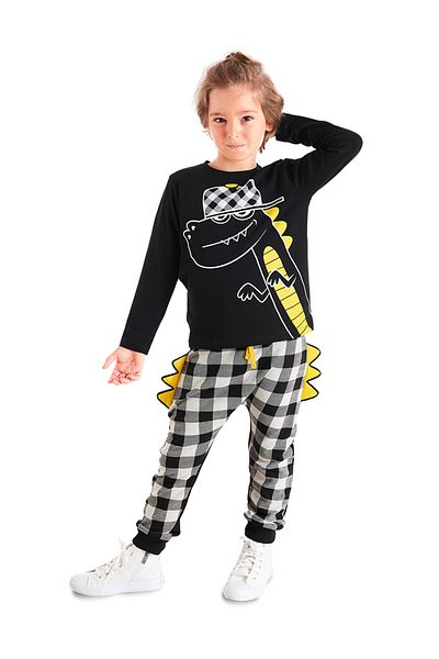 Denokids Boy's Rap Dino T-Shirt and Plaid Pants Set