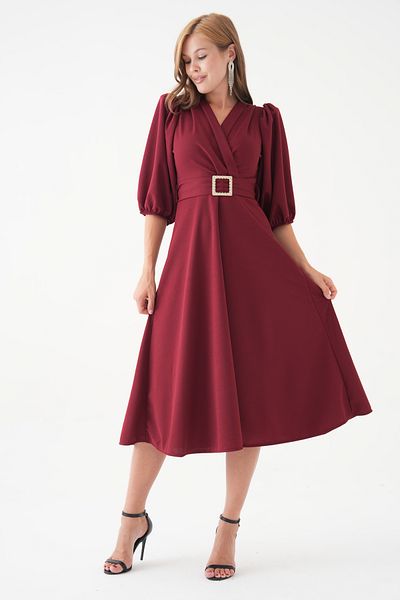 WOMAN VISION Women's Stretchy Crepe Fabric Short Balloon Sleeve V-Neck Belted Midi Length Flared Cut Burgundy Dress 3602