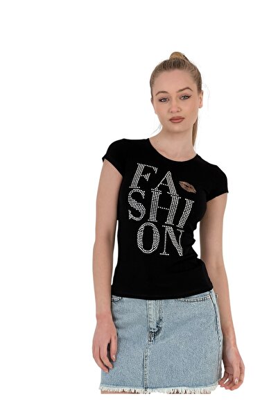 Miss Poem Γυναικείο κοντό μπλουζάκι με πέτρες και φιλία με τύπωμα