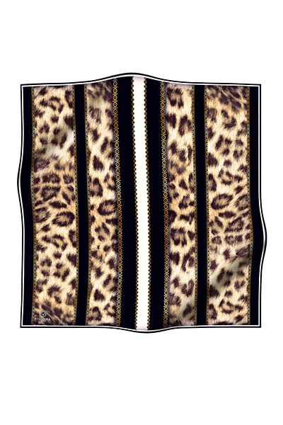Vissona Twill Silk Leopard Pattern Μαύρο & Κρεμ 90x90 Φουλάρι Ράψιμο Χειροποίητο