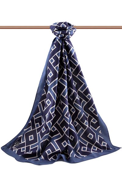 Vissona Luxury Medina Silk - Γεωμετρικό σχέδιο, Χρώμα Indigo, 75x195 Αντιτριχωτό Σάλι Moss Crepe Τύπος Ραπτικής Ιταλικής D