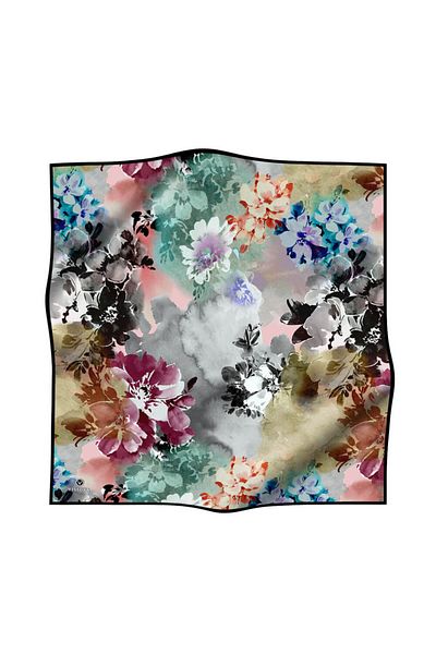 Vissona 100% Twill Silk Floral Pattern Μαύρο - Χρώμα δαμάσκηνου 90x90 Σχήμα ραπτικής κασκόλ: Ράψιμο στο χέρι
