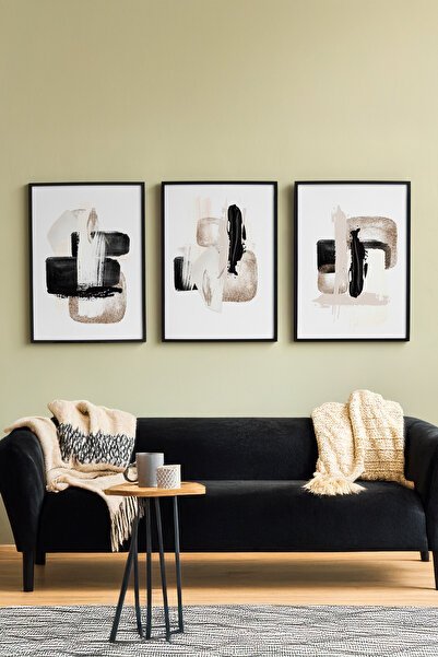 Ryta Minimalist Fırça Darbeleri Gerçek Ahşap Çerçeveli 3lü set Tablo