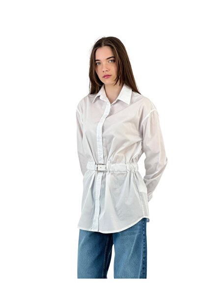 Miss Poem Γυναικείο μακρύ λευκό πουκάμισο με διάφανη ζώνη μέσης