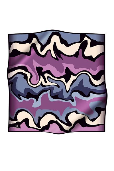 Vissona 100% Twill Silk Wave Pattern Indigo - Lilac Colored 90x90 Σχήμα ραπτικής: Φουλάρι ραπτικής στο χέρι